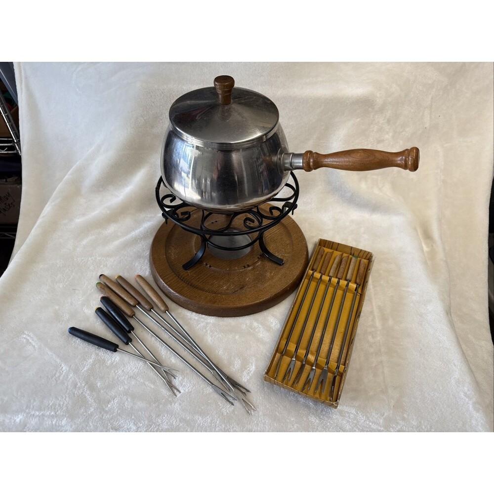 Fondue Pot 1970s W Lid Stainless W 13 Forks Stand Trivet Vintage Holiday Party